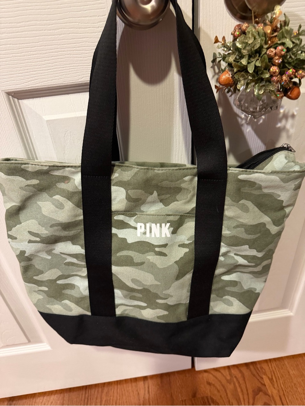 PINK Victoria's Secret Green Camo Duffel with Black Straps